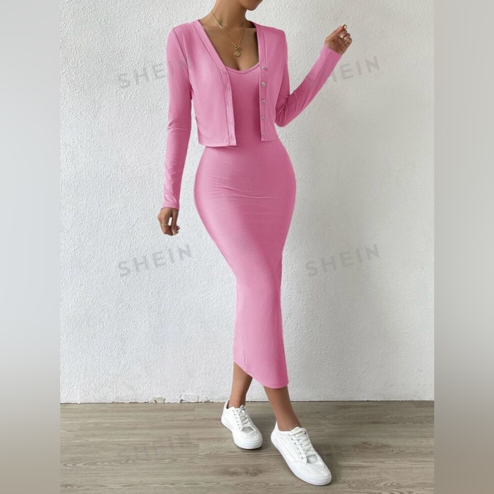 SHEIN Ribbed Bodycon with Button Down Top